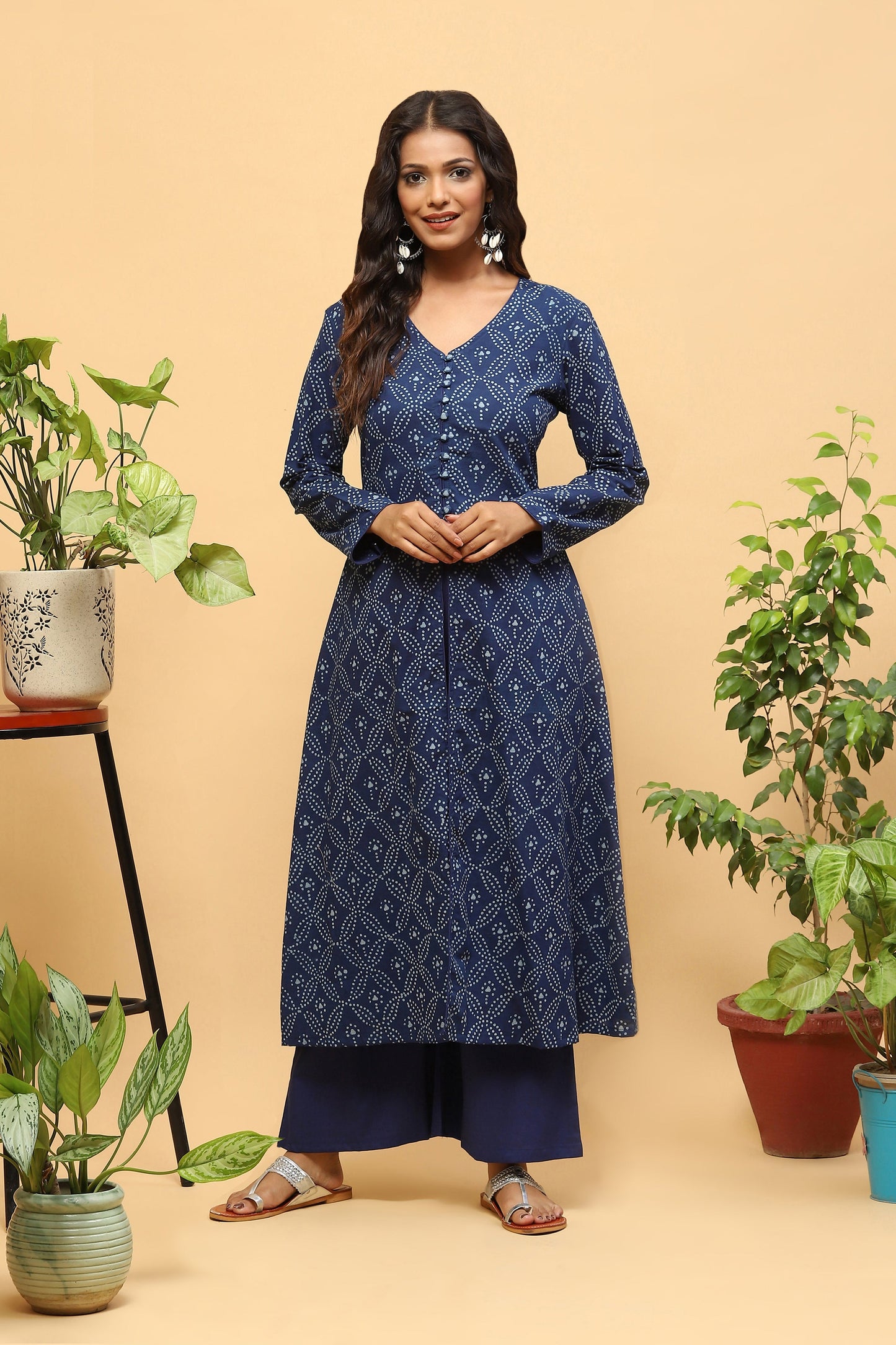 Sanchi Indigo Bagru A-line Front Slit Kurta Palazzo Set