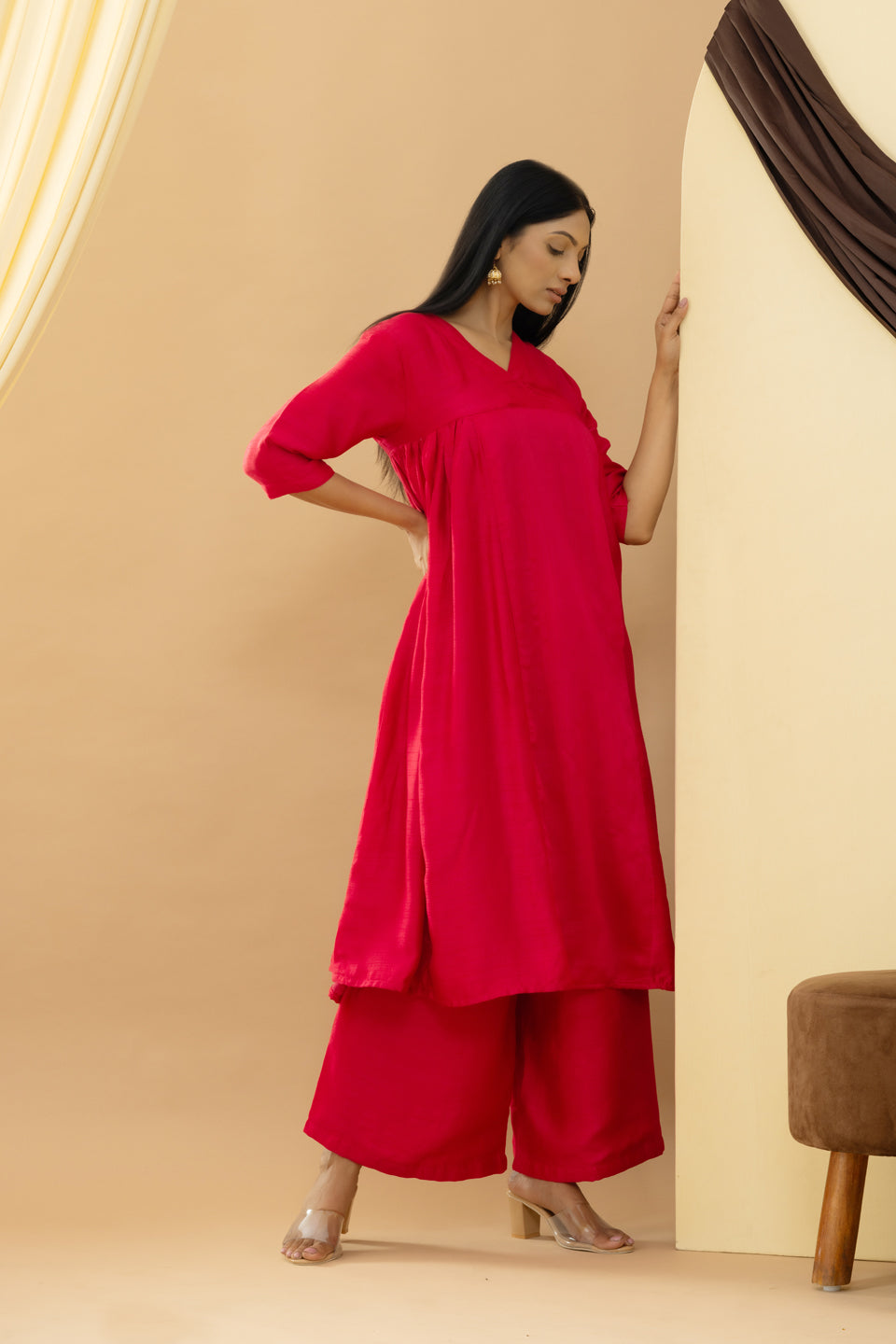 Harsingaar Candy Red Silk Gathered Suit Set