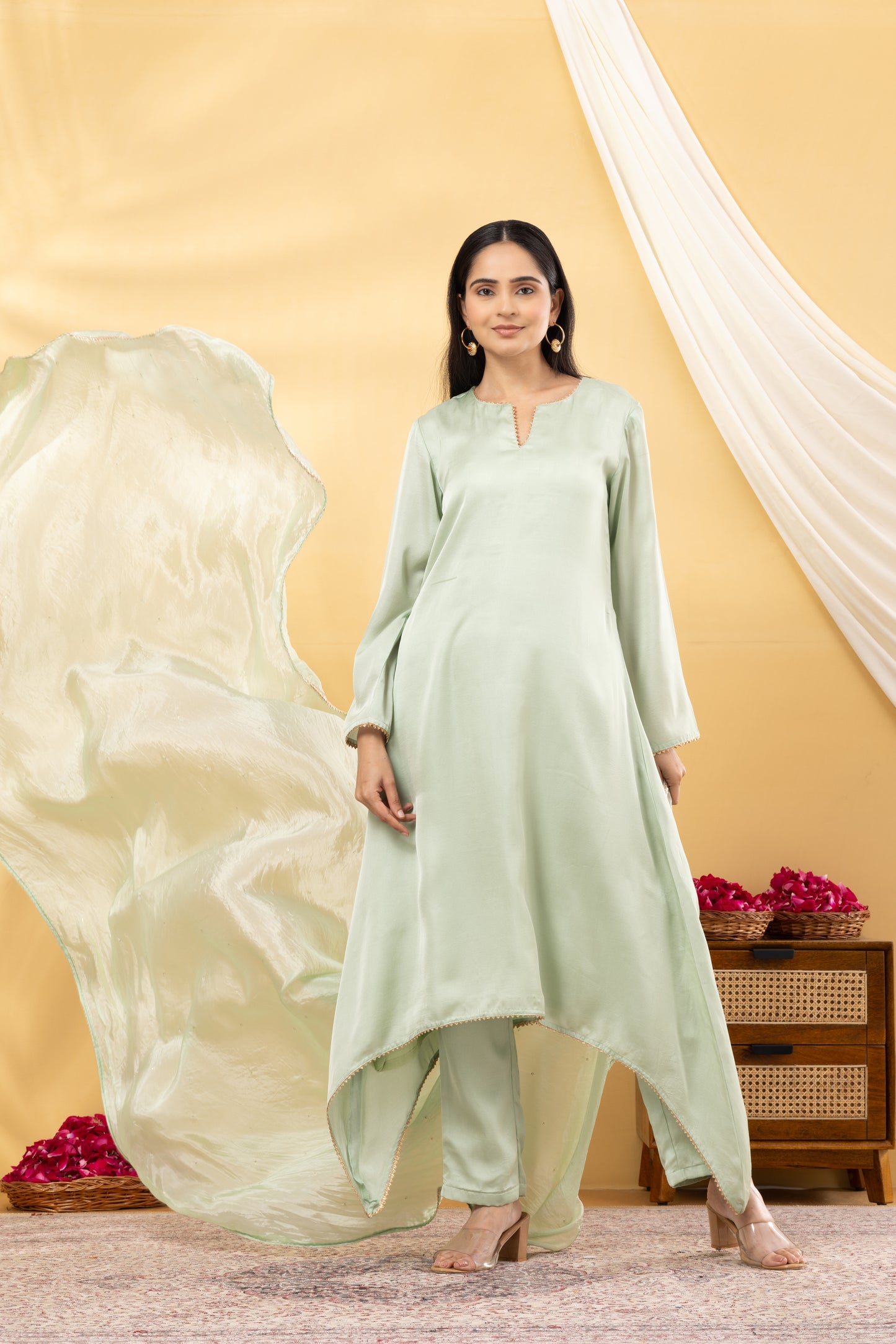 Saadgi Fern Green Asymmetrical Suit Set