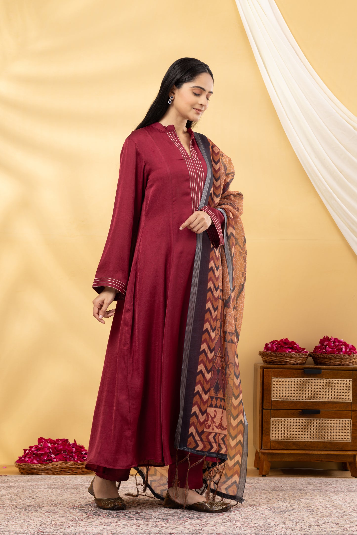 Saadgi Deep Crimson Kalidar Suit Set