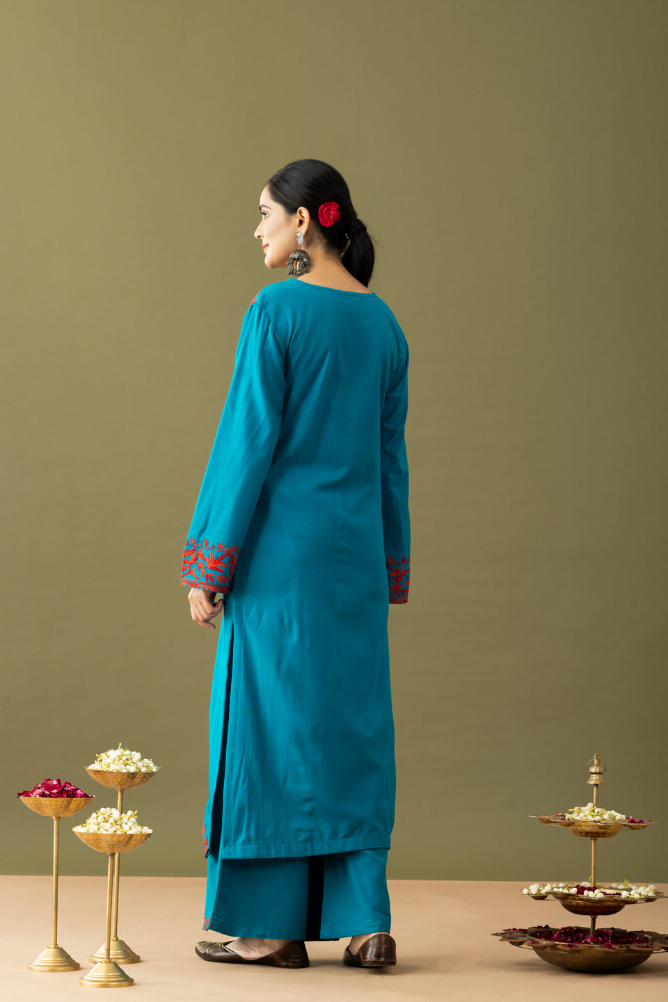 Utsaah Teal With Red Aari Embroidery Kurta Set