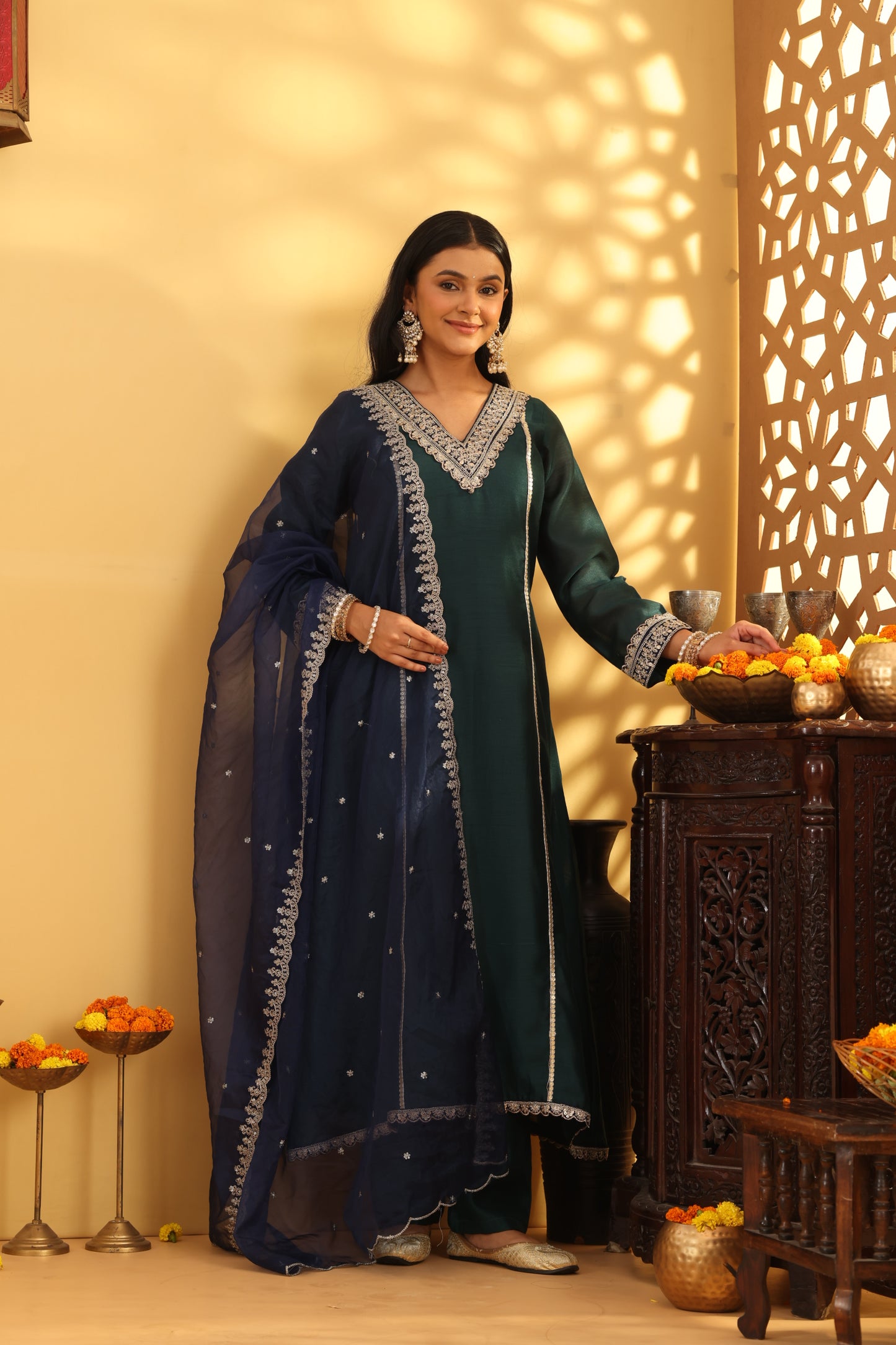 Jashn Green Chanderi V Neck Suit Set