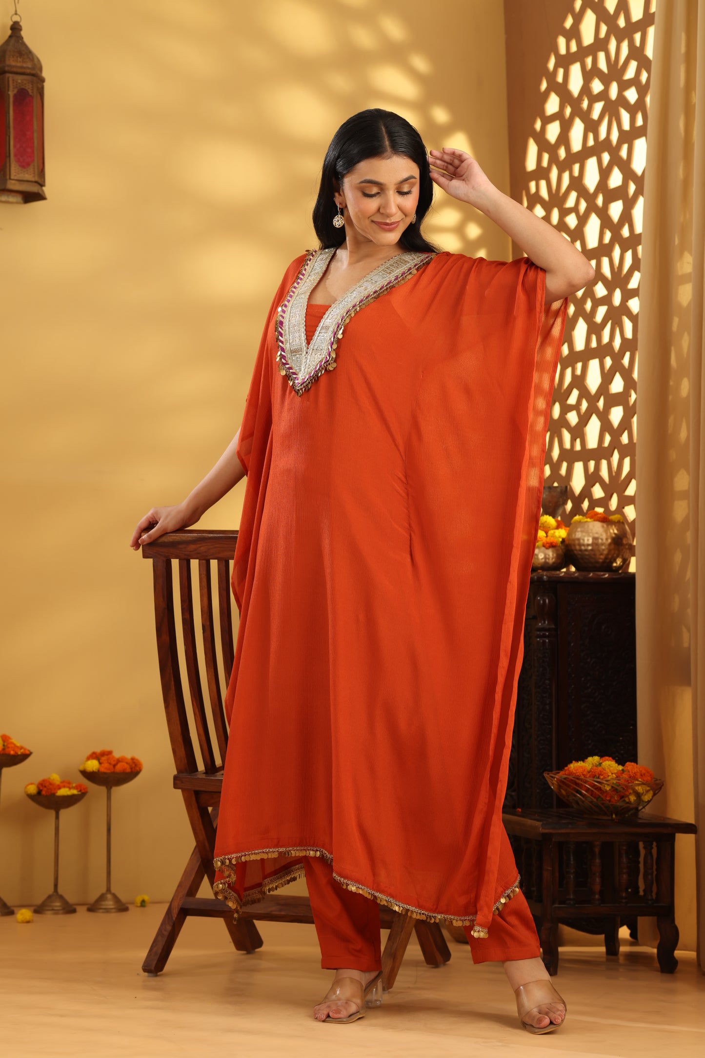 Jashn Kesari Rust V Neck Kaftan Set