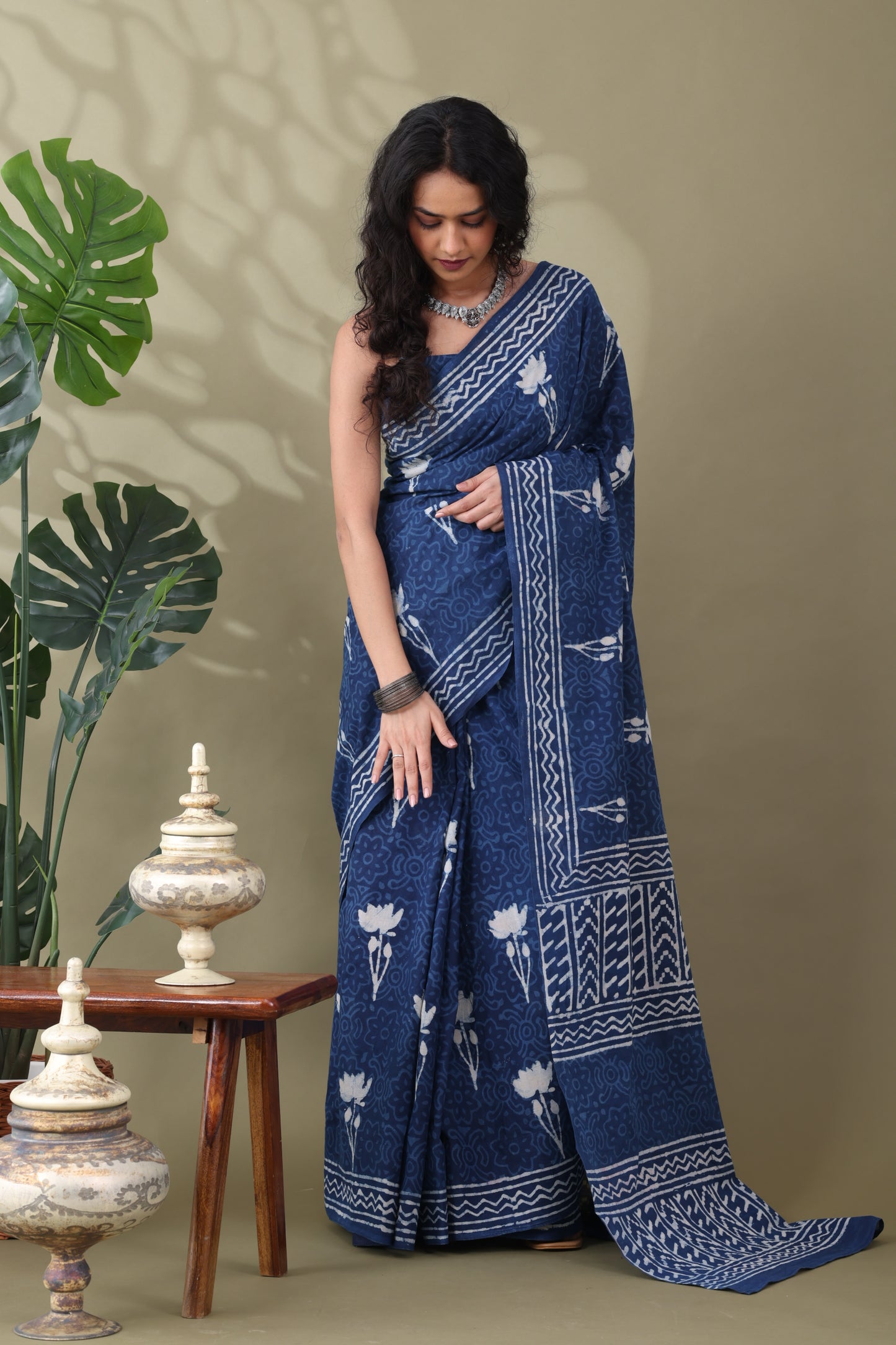 Navya Indigo Cream Cotton Saree.