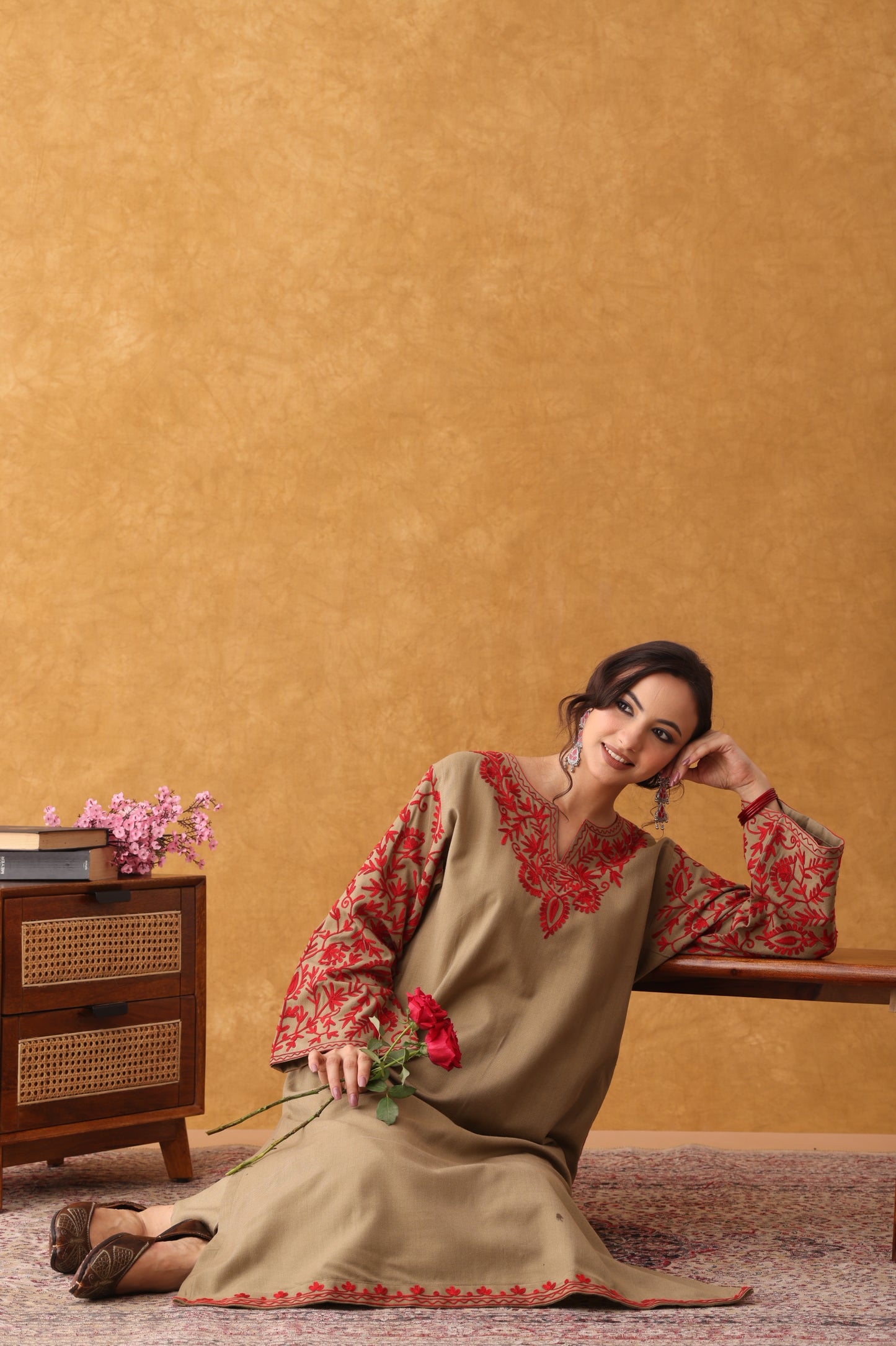 Noor Beige With Red Embroidered Phiran Set
