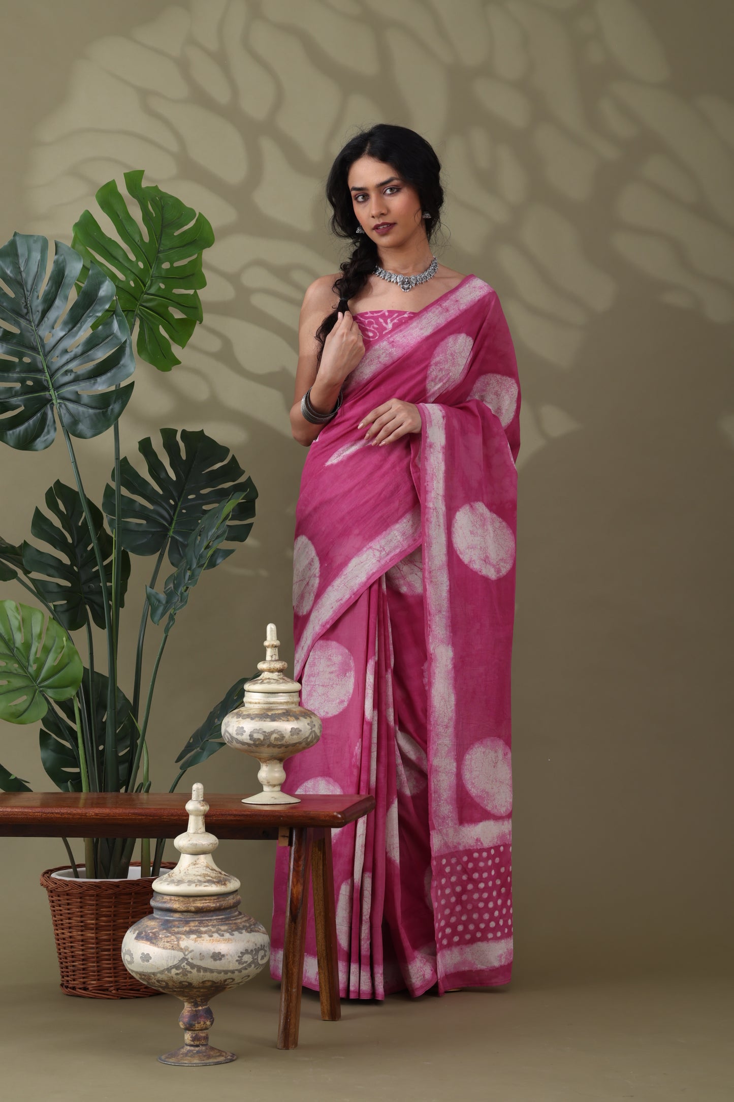 Navya Pink Cream Batik Motif Cotton Saree.
