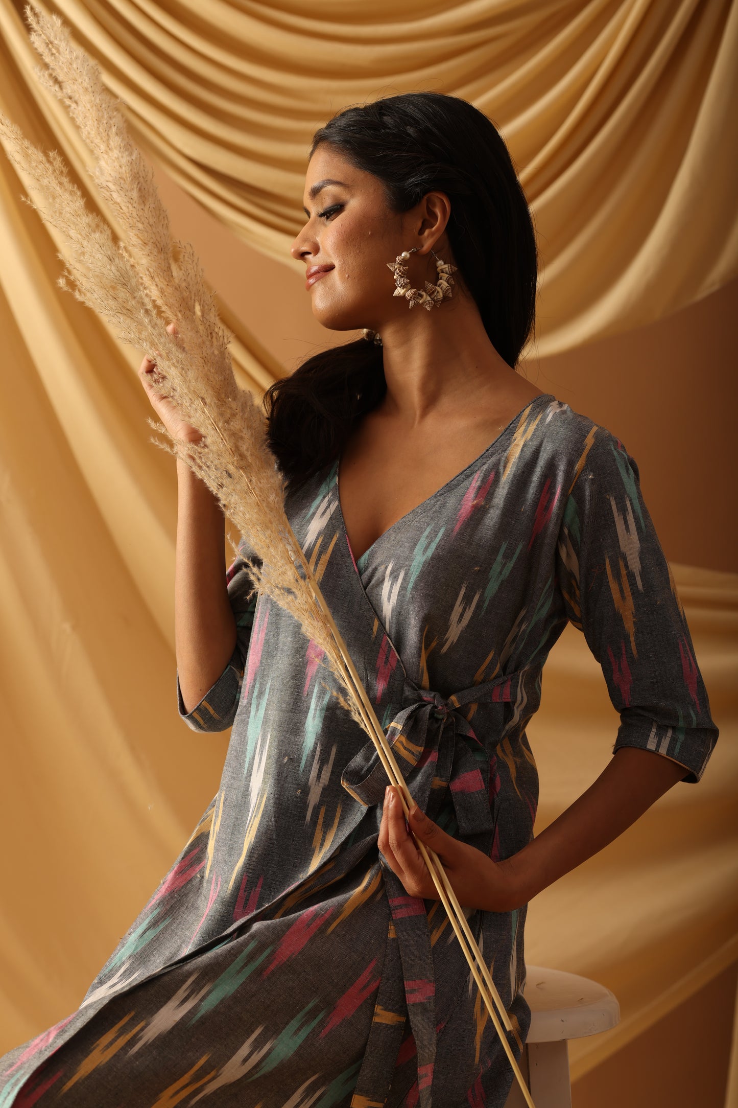 Sanchi Grey Ikkat Wrap Dress