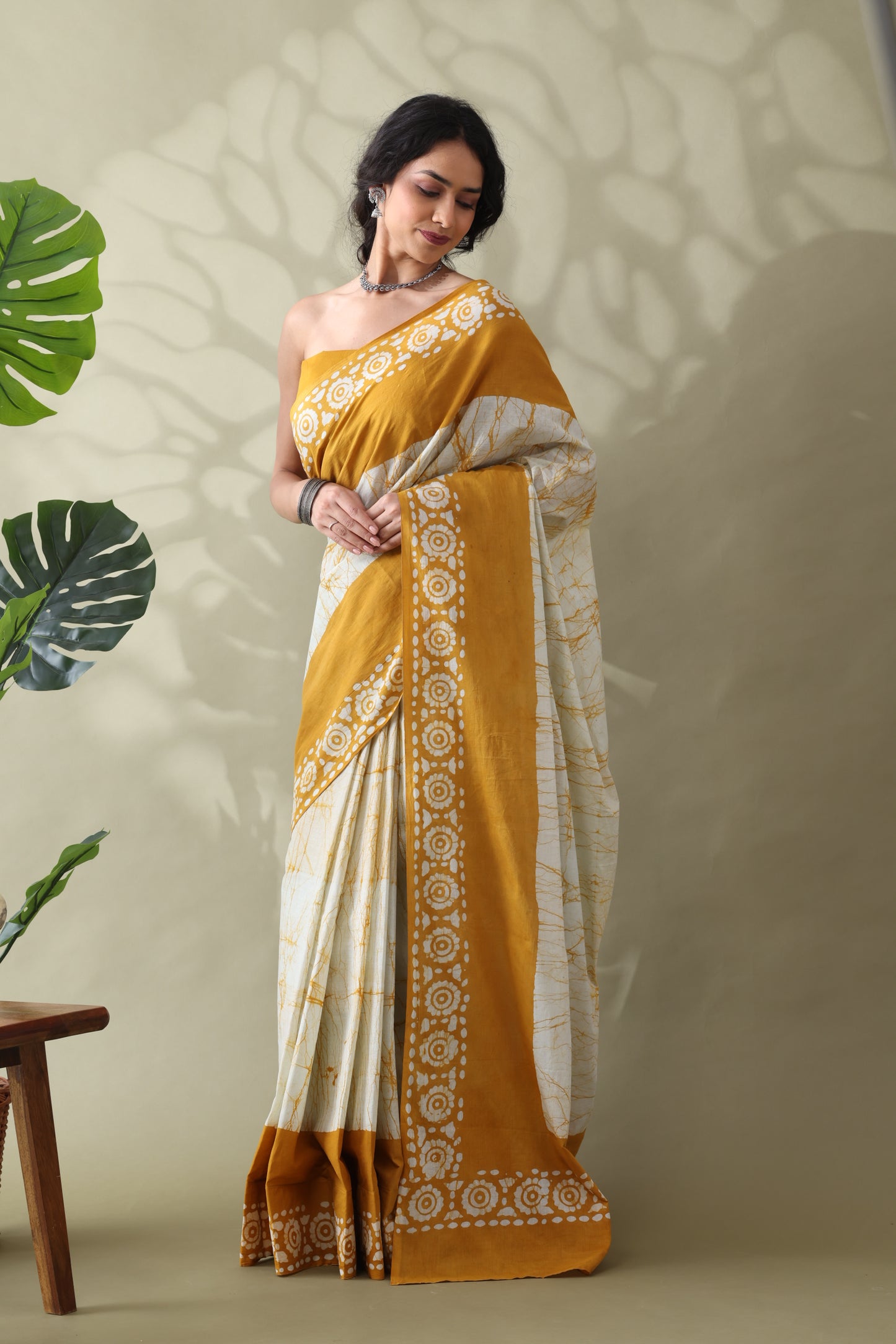 Navya Mustard Cream Batik Cotton Saree.