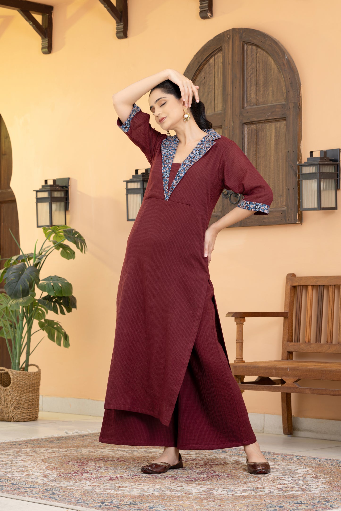 Jugni Maroon Ajrakh Coat collar Kurta Set