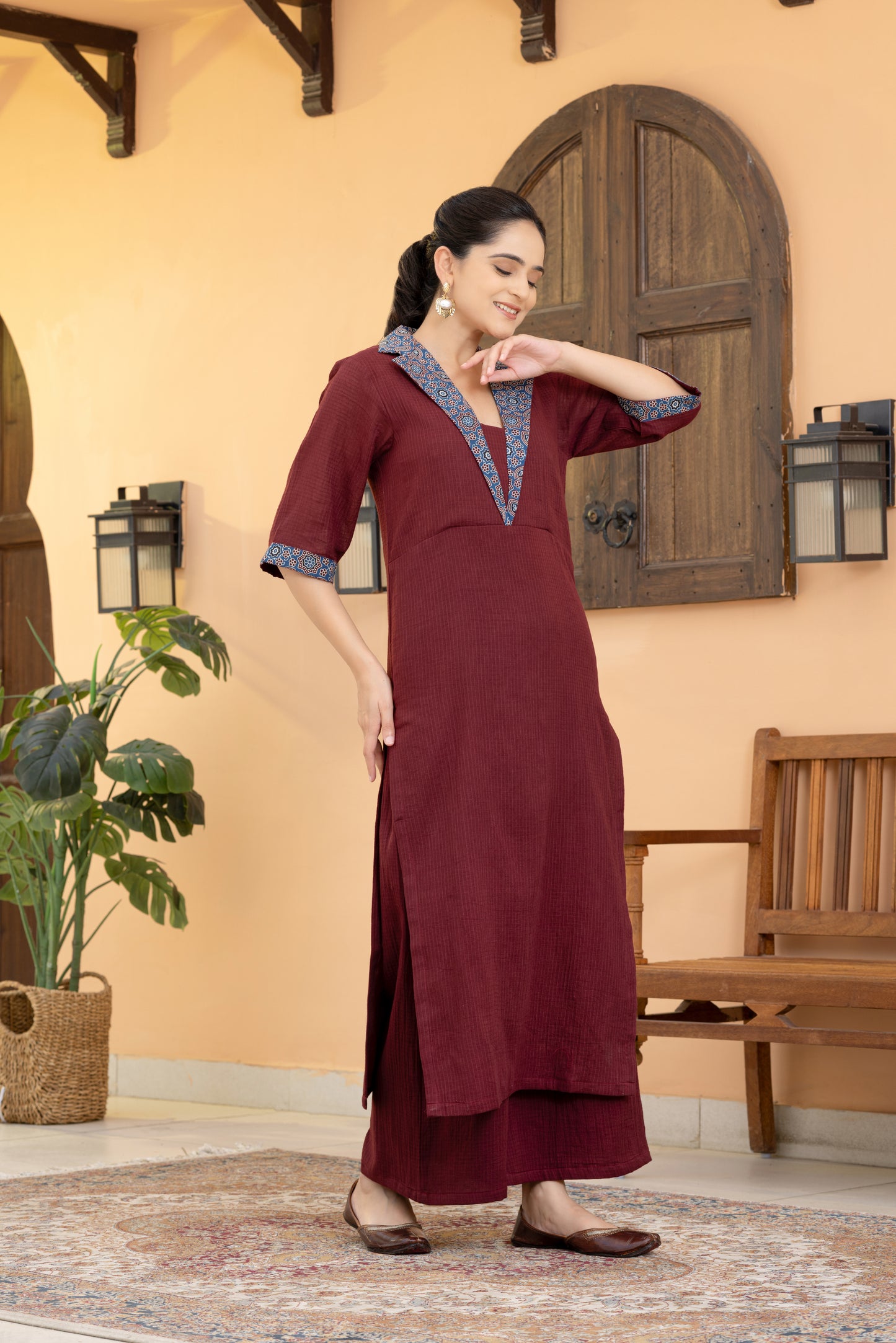 Jugni Maroon Ajrakh Coat collar Kurta Set