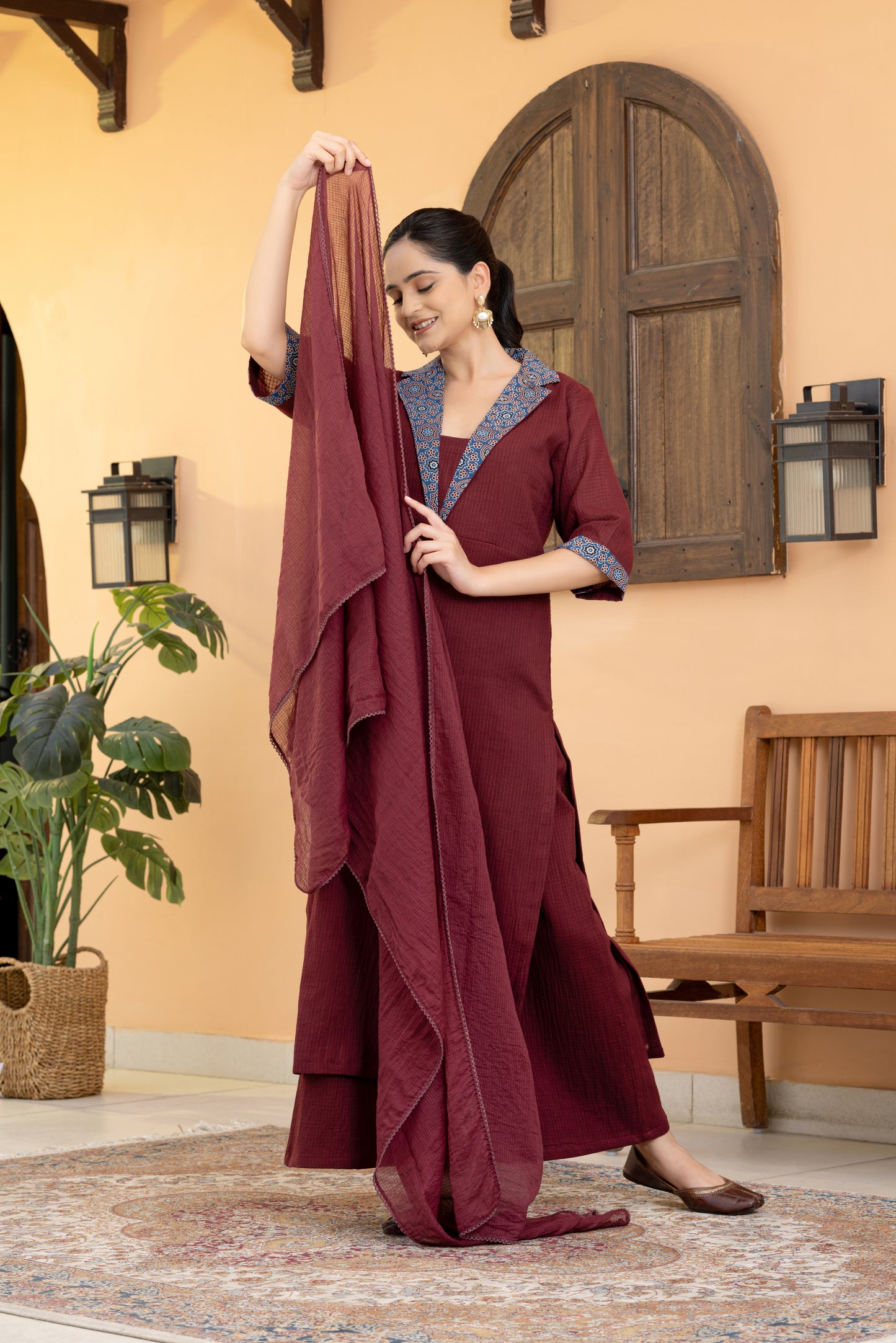 Jugni Maroon Ajrakh Coat collar Kurta Set