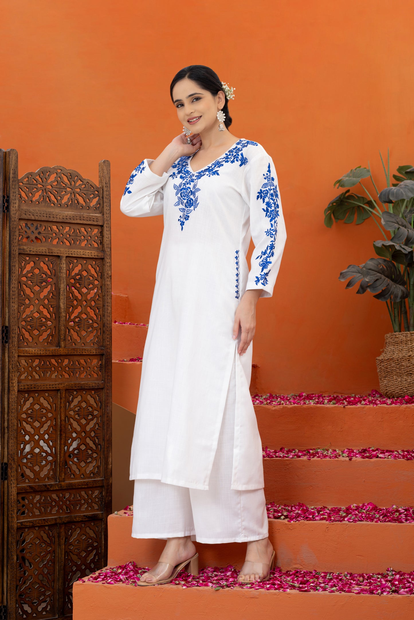 Jugni White Indigo Embroidered Phiran Set