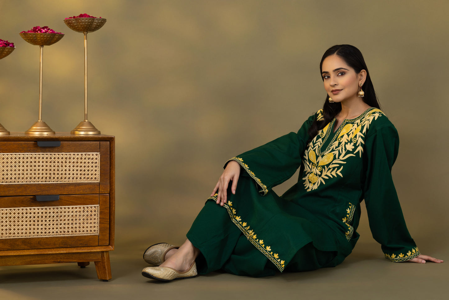 Utsaah Bottle Green Embroidered Phiran Set