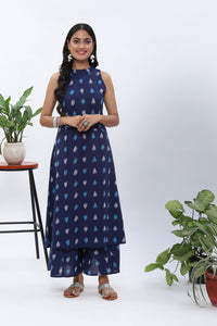 Shravani Blue Ikkat Halter Kurta Palazzo Set