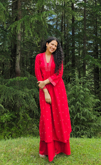 Saadgi Cherry Red Jamdani A-line Kurta Set