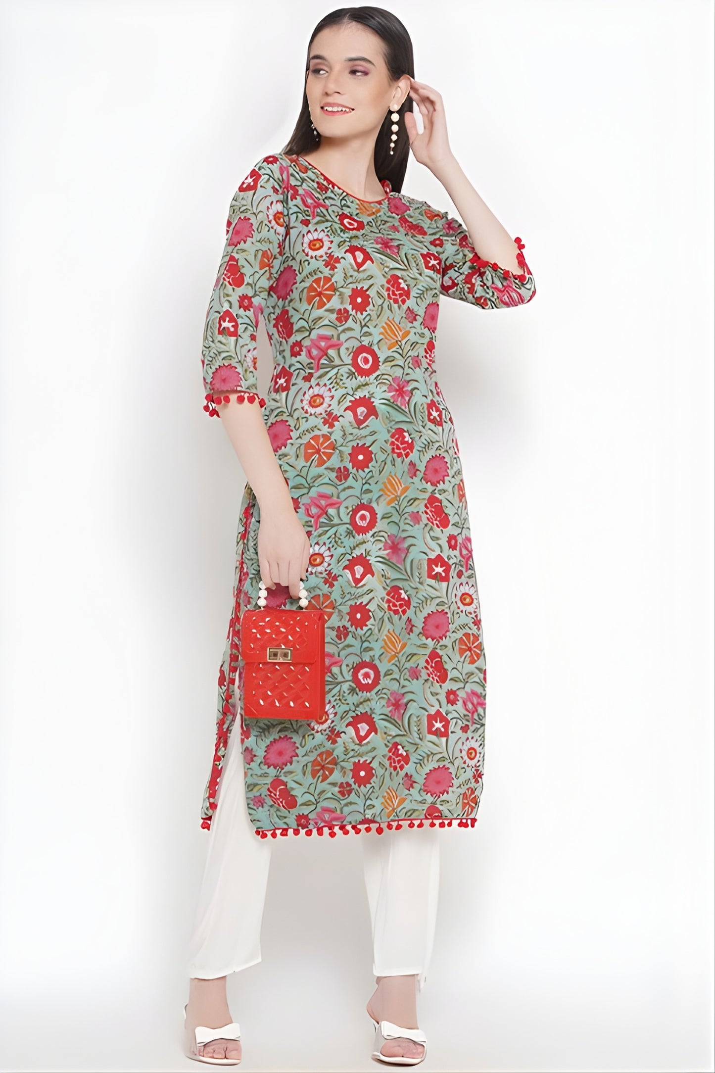 Riwaaz Green Floral Kurta Set with Pompom Lace