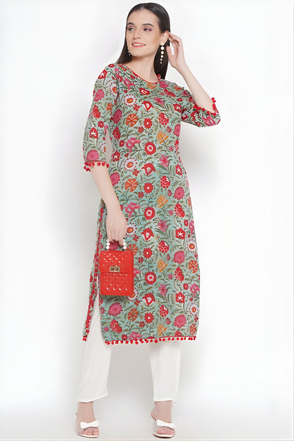 Riwaaz Green Floral Kurta Set with Pompom Lace