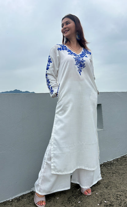 Jugni  White Indigo Embroidered Phiran Set