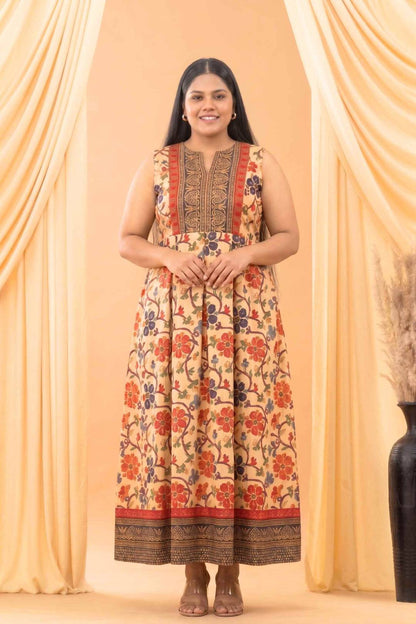 Aseel Beige Kalamkari Silk Back-less Pleated Dress
