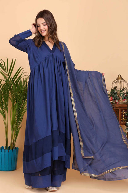 Aseel Blue Kota Organza Kurta Set with Dupatta
