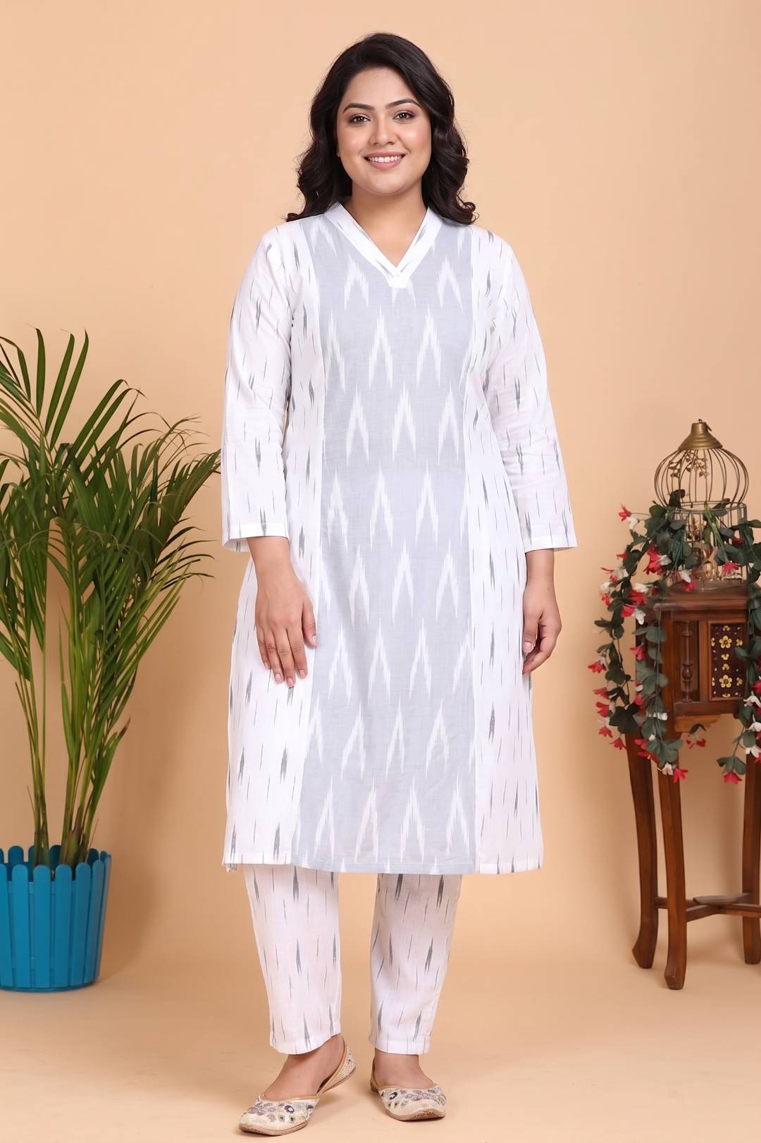 Aseel Ikkat Grey and White Kurta Set