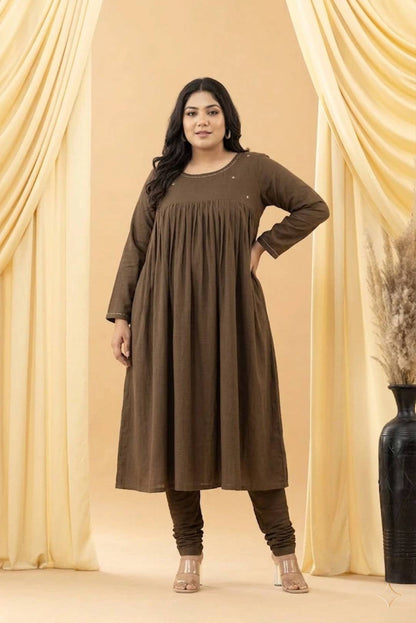 Aseel Olive Green Khadi Gathered Kurta Set