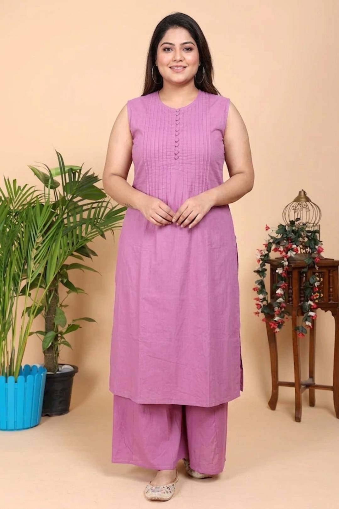 Aseel Purple Pintucks Sleeveless Kurta with Pants
