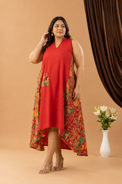 Bahaar Red Kalamkari Assymetrical Dress