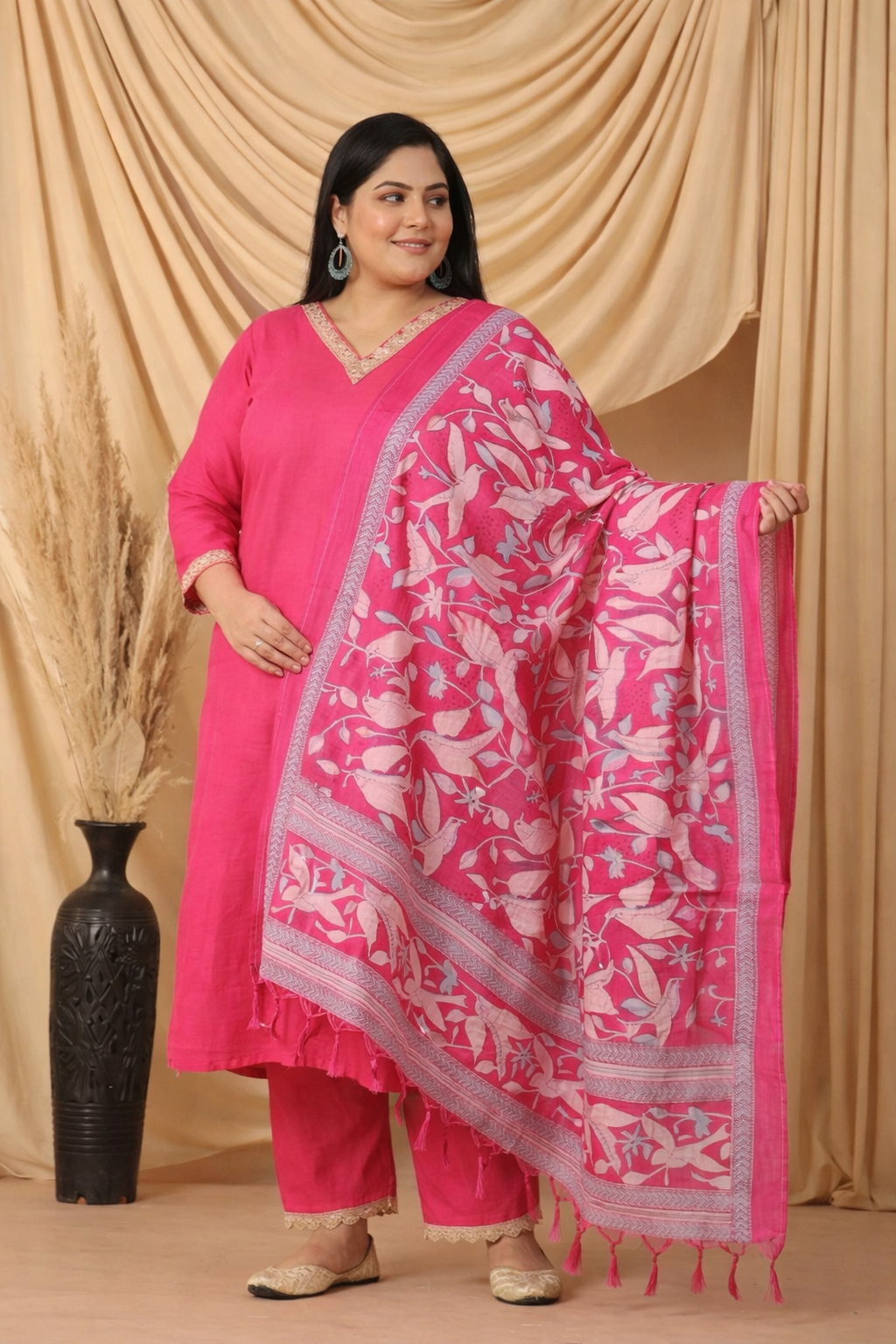Harsingaar Fuschia Lace Kurta Set with Printed Dupatta