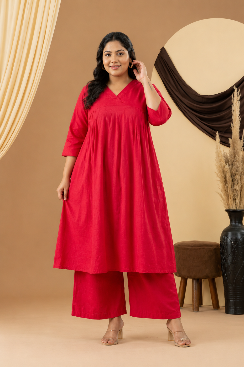 Harsingaar Candy Red Silk Gathered Kurta Set