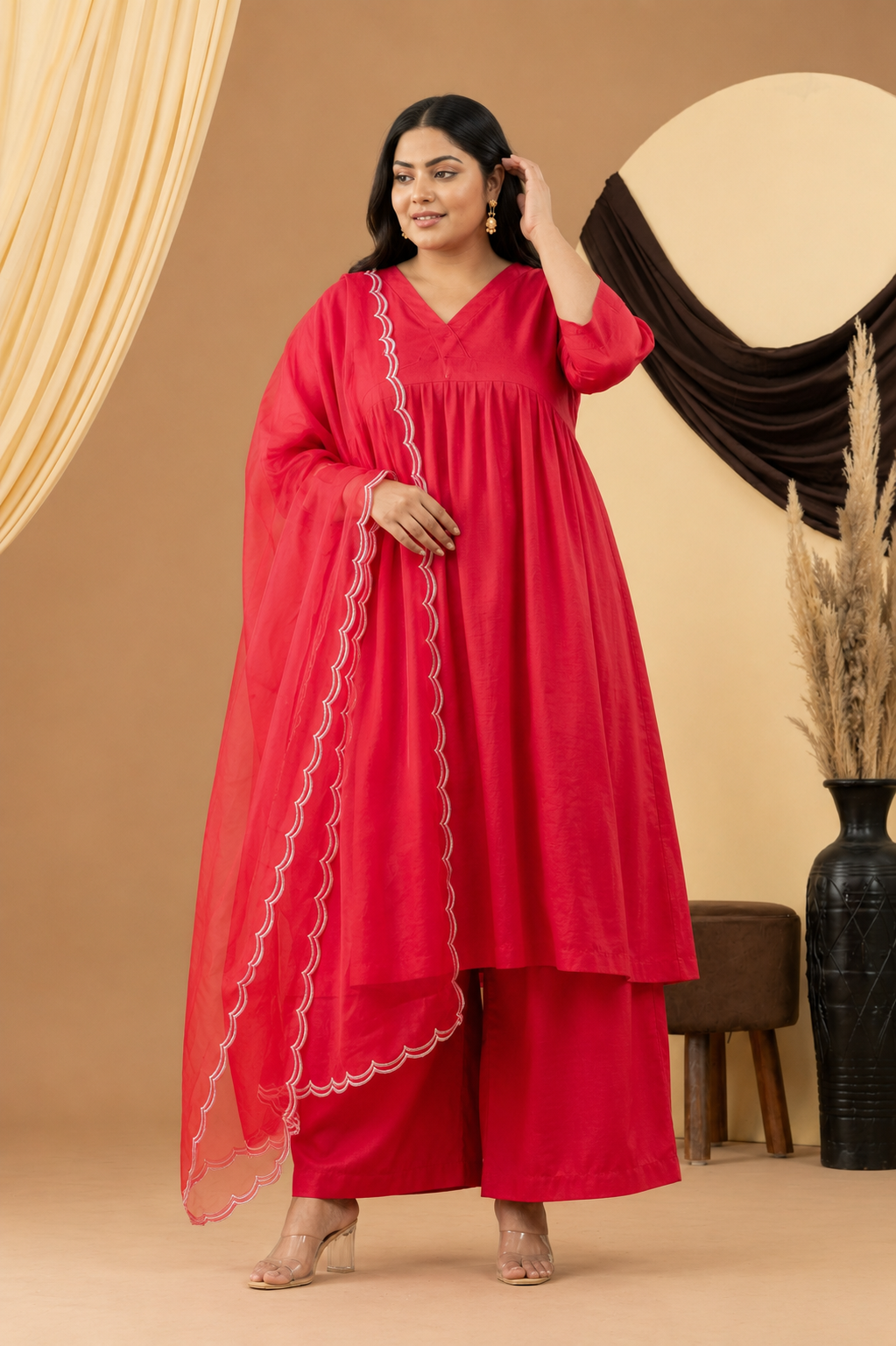 Harsingaar Candy Red Silk Gathered Suit Set