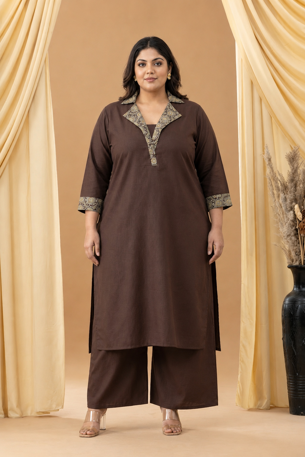 Harsingaar Coffee Ajrakh Coat Collar Kurta Set