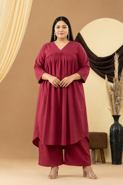 Harsingaar Crimson Gathered Kurta Set