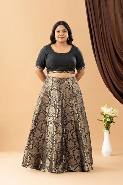 Bahaar Black Jacquard Raw Silk Blouse Skirt Set