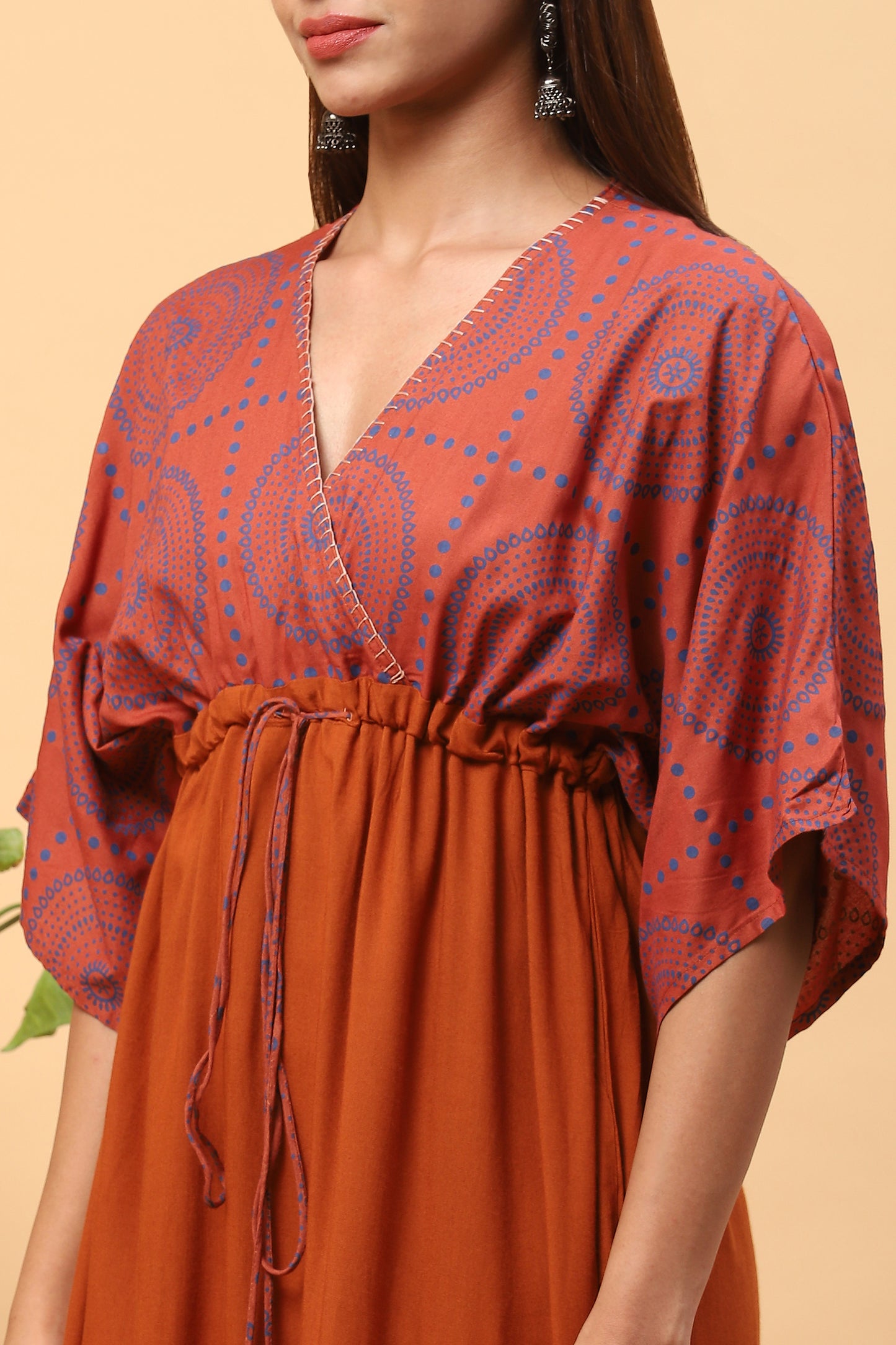 Sanchi Brick Orange Kaftan Dress with Front Tie-up