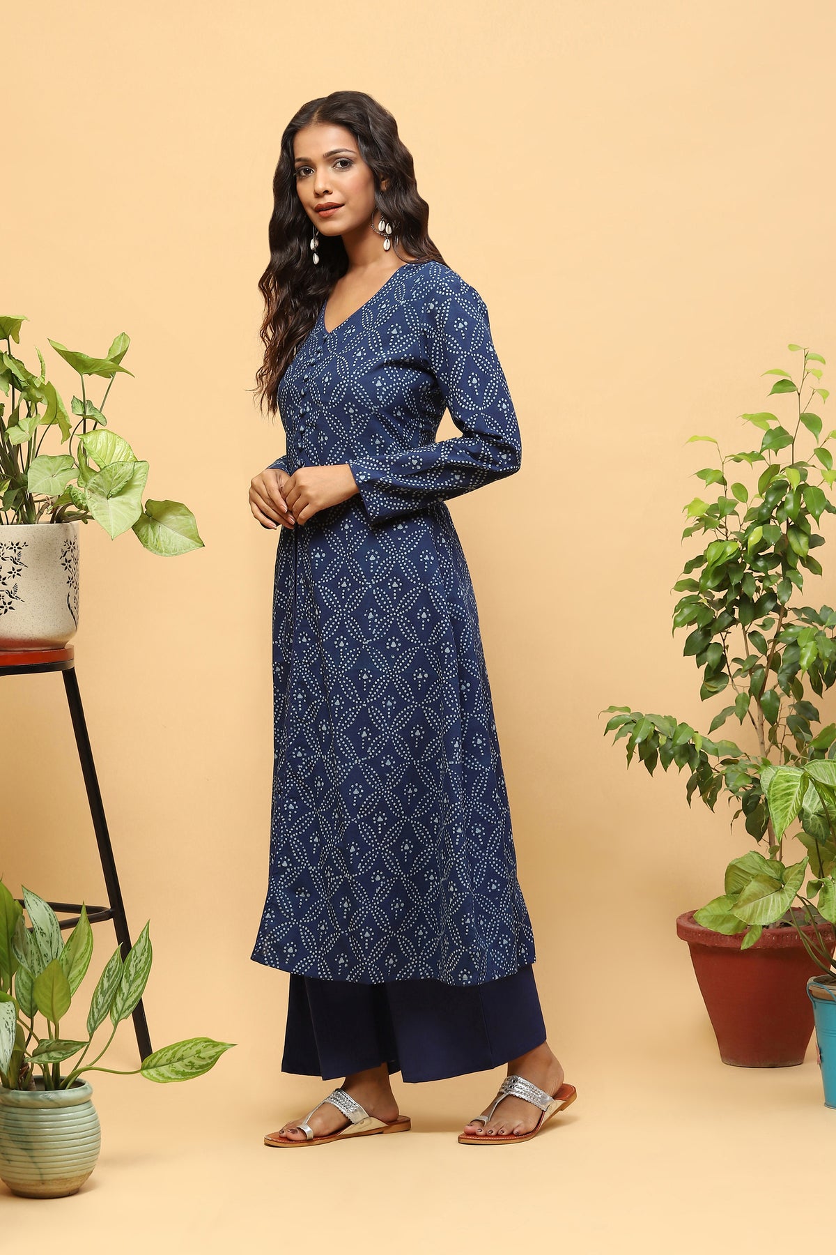 Sanchi Indigo Bagru A-line Front Slit Kurta Palazzo Set