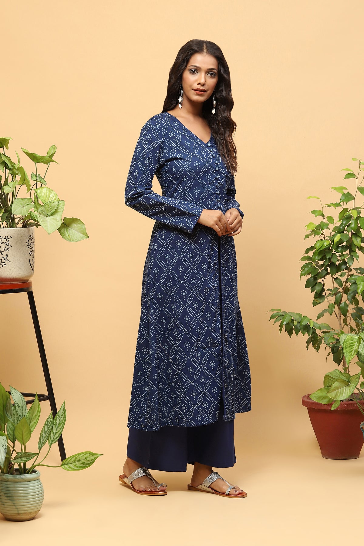 Sanchi Indigo Bagru A-line Front Slit Kurta Palazzo Set