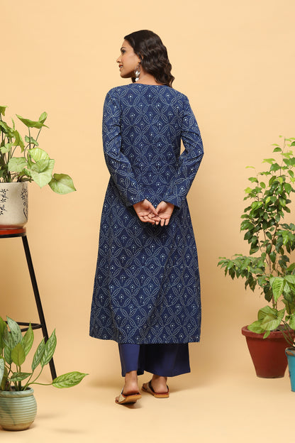 Sanchi Indigo Bagru A-line Front Slit Kurta Palazzo Set