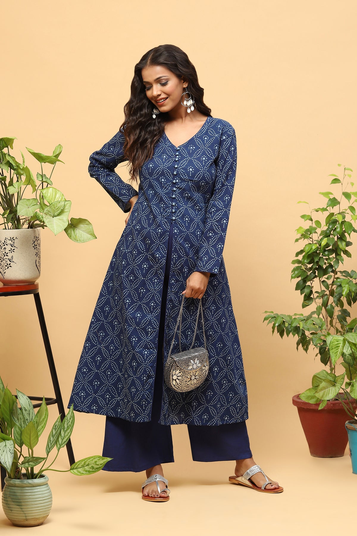 Sanchi Indigo Bagru A-line Front Slit Kurta Palazzo Set