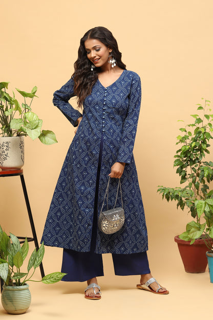 Sanchi Indigo Bagru A-line Front Slit Kurta Palazzo Set