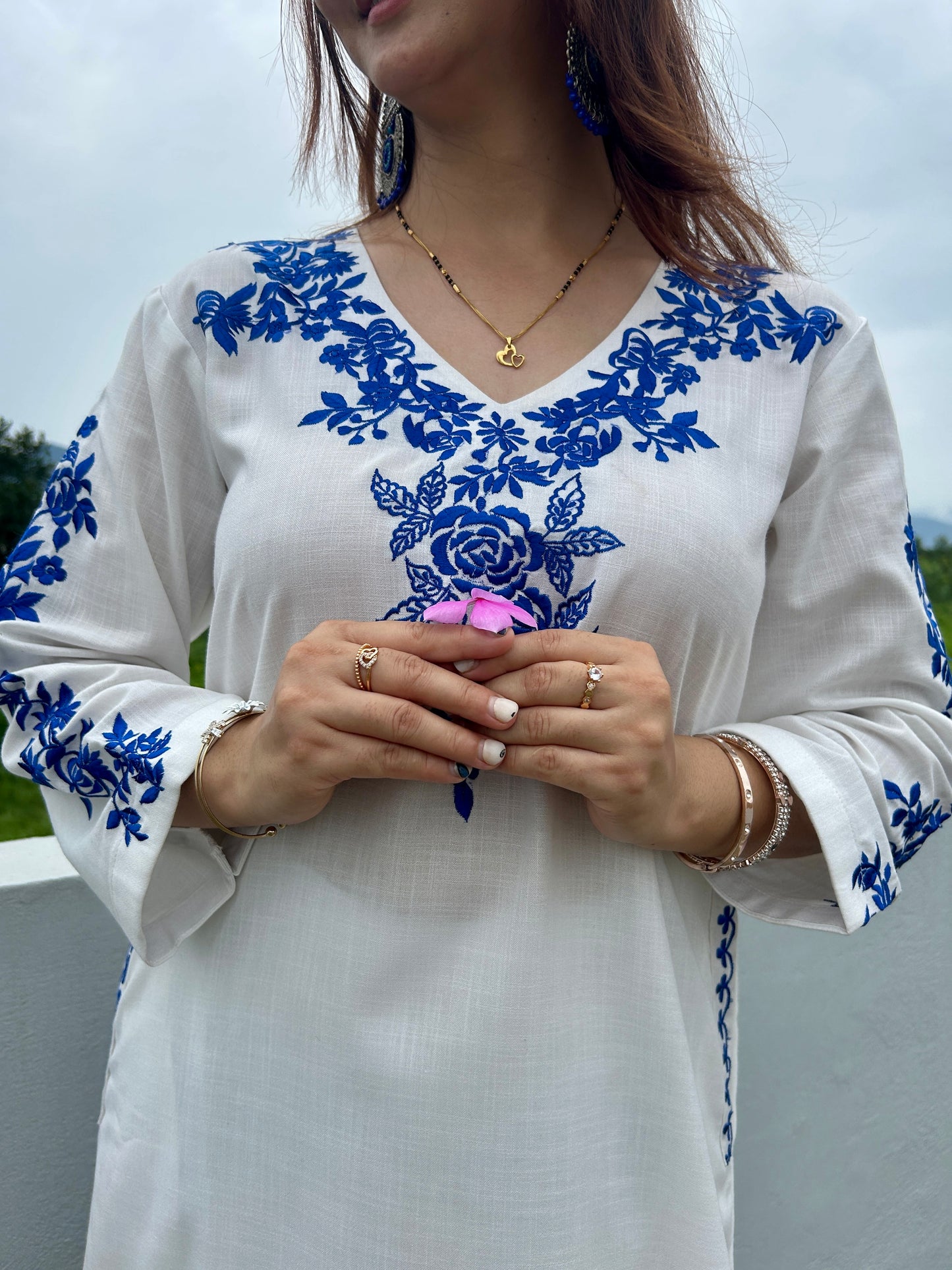 Jugni  White Indigo Embroidered Phiran Set