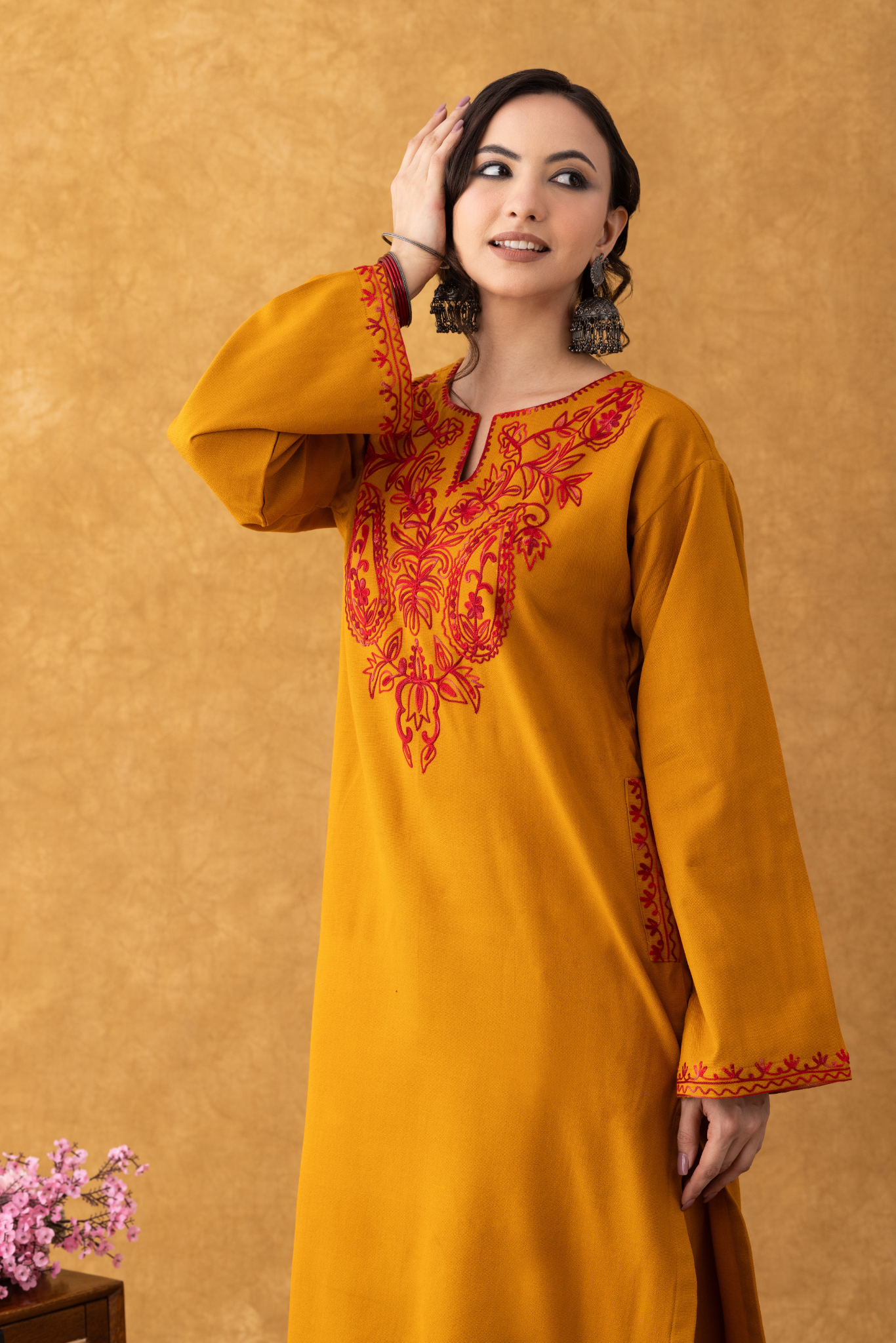 mustard colour pheran, mustard pheran, mustard colour embroidery, mustard yellow embroidered fabric, mustard with red suit set, mustard with red suit set party wear, women mustard with red suit set, mustard with red suit set ladies, mustard with red suit set online, winter suits, winter suits for women, kashmiri winter suits for ladies, kashmiri winter suits for ladies with price, winter suits unstitched, winter woolen suits for ladies with price, unstitched winter suits for ladies