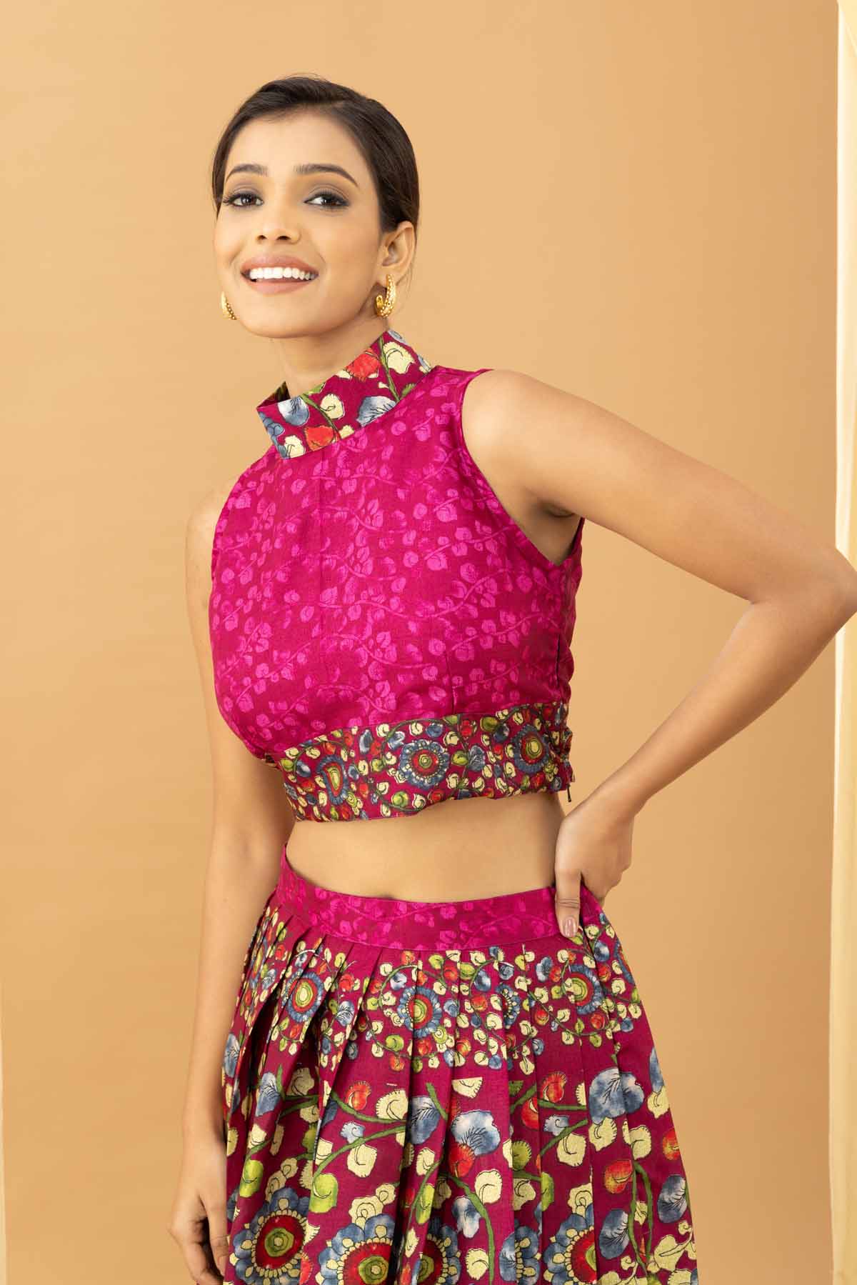 Aseel Plum Kalamkari Silk Blouse Skirt Set