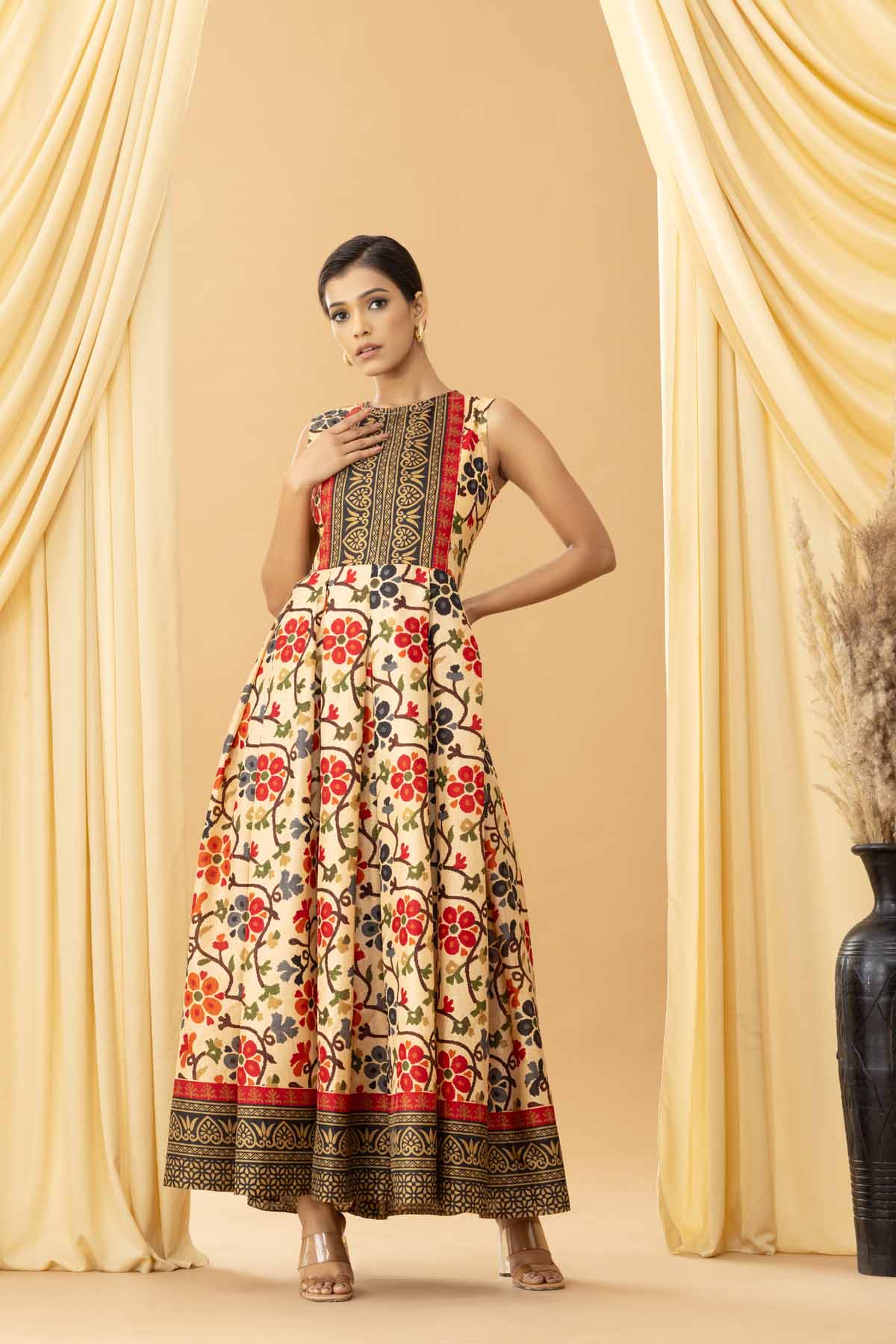 Aseel Beige Kalamkari Silk Back-less Pleated Dress