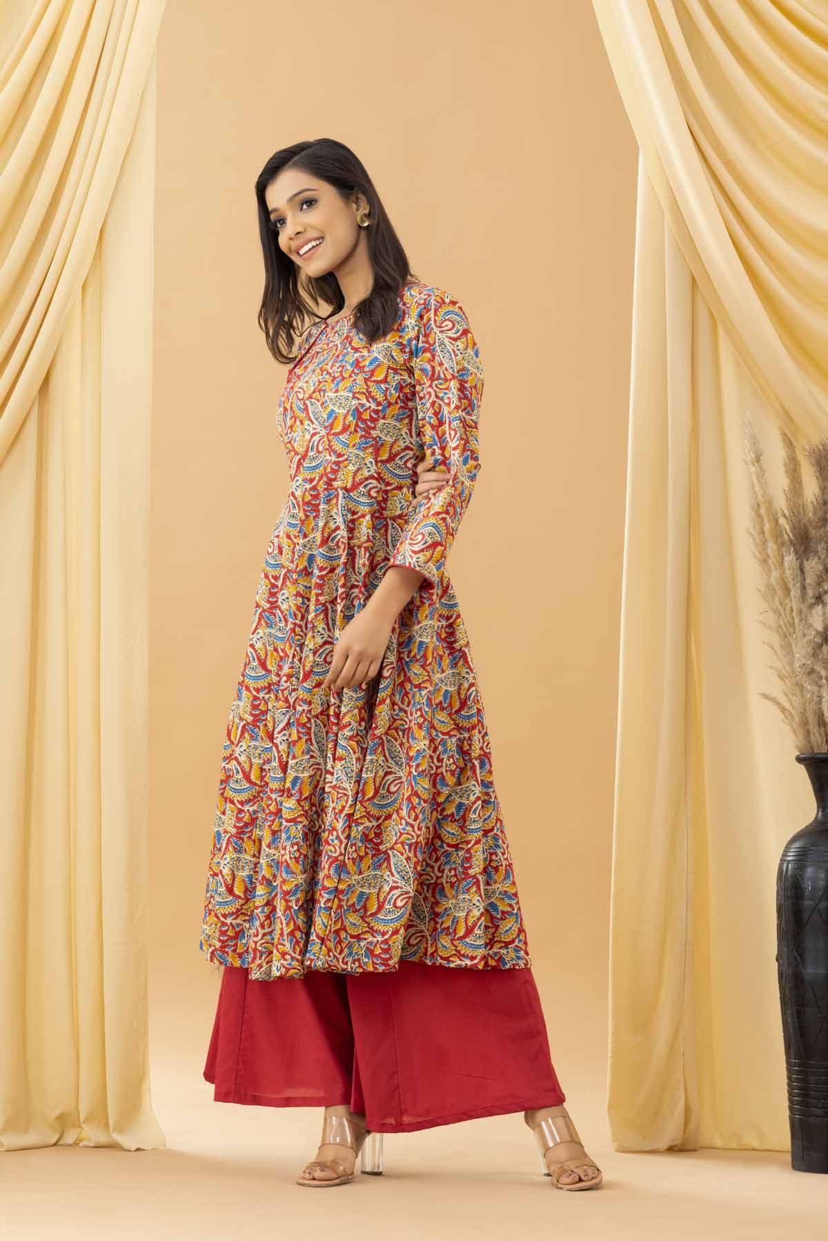 Aseel Red Kalamkari Slit Kurta Palazzo Set