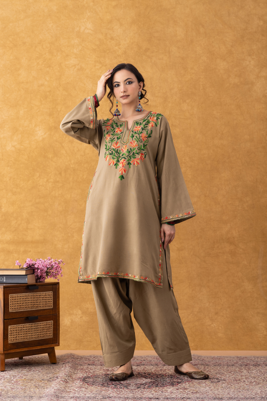 Noor Beige multi Embroidered Phiran Salwar Set