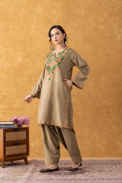 Beige Multi Embroidered Phiran Salwar Set, beige multi embroidered phiran salwar set kashmiri, beige multi embroidered phiran salwar set online, beige multi embroidered phiran salwar set online shopping, beige embroidered kurta set, beige kurta set, women beige embroidered kurta set, beige kurti with embroidery, beige embroidered kurta set for wedding, winter suits for women, winter suits for men, winter suits designs for ladies, winter suits for women with dupatta, winter suits for kids, winter suits for g