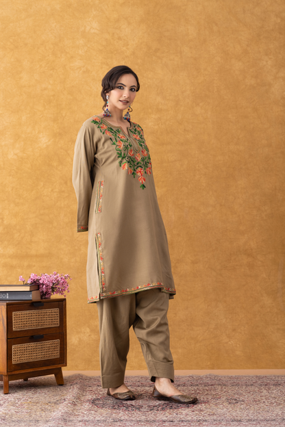 Beige Multi Embroidered Phiran Salwar Set, beige multi embroidered phiran salwar set kashmiri, beige multi embroidered phiran salwar set online, beige multi embroidered phiran salwar set online shopping, beige embroidered kurta set, beige kurta set, women beige embroidered kurta set, beige kurti with embroidery, beige embroidered kurta set for wedding, winter suits for women, winter suits for men, winter suits designs for ladies, winter suits for women with dupatta, winter suits for kids, winter suits for g