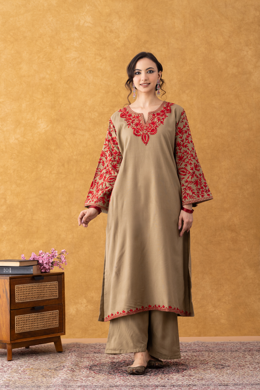 Noor Beige With Red Embroidered Phiran Set