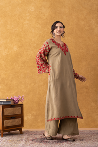 Noor Beige With Red Embroidered Phiran Set